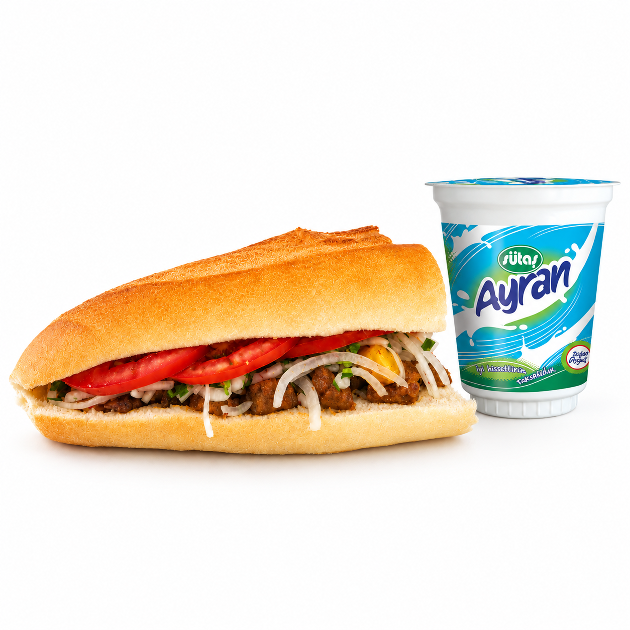 Menü 2: 1 adet Yarım Ekmek Arası Arnavut Ciğeri (Dana) + 1 adet Sütaş Ayran 330 ml