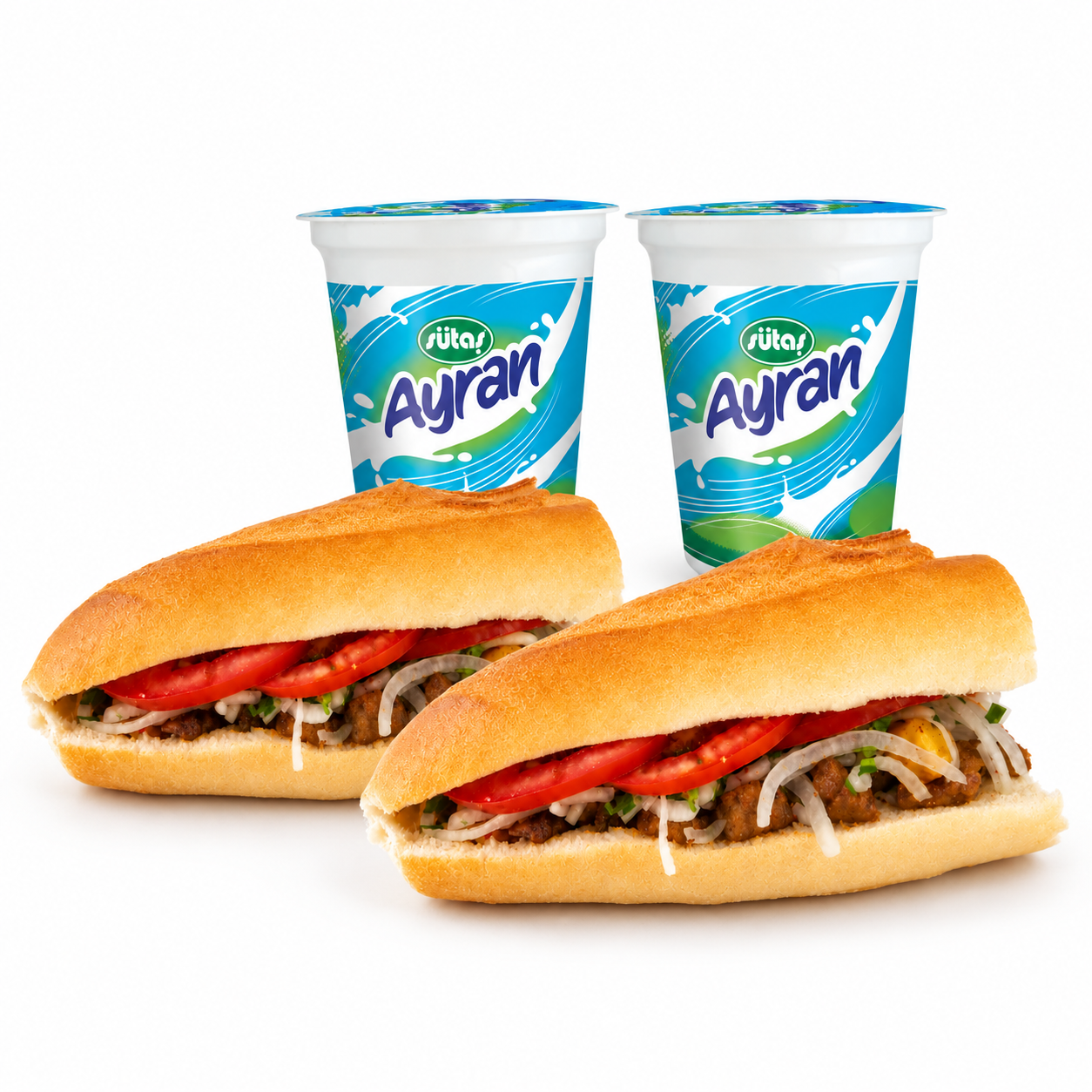 Menü 4: 2 adet Yarım Ekmek Arası Arnavut Ciğeri (Dana) + 2 adet Sütaş Ayran 330 ml